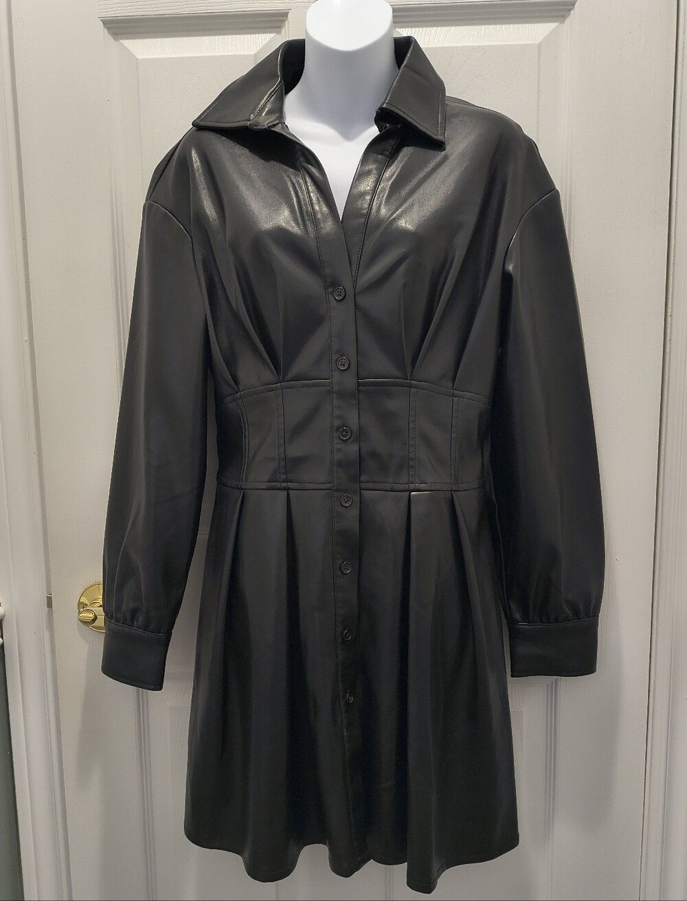 7 For All Mankind Black Faux Leather Button-Front Dress